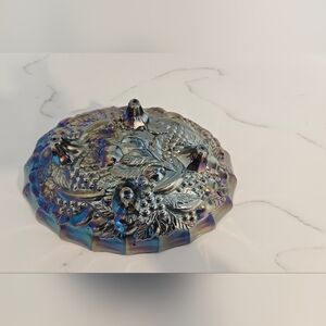 Vintage Indiana Carnival Glass Iridescent Blue Oval Footed Harvest Grape Bowl